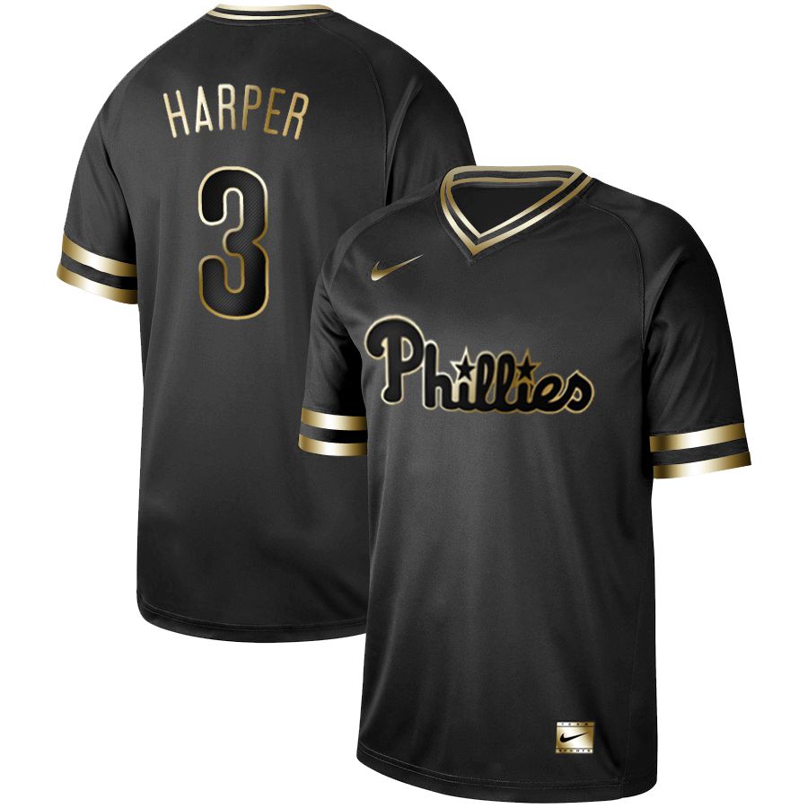 Men Philadelphia Phillies 3 Harper Nike Black Gold MLB Jerseys
